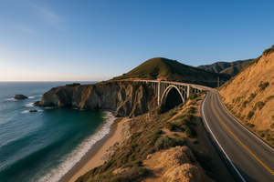Bixby Creek Bridge curving along the dramatic cliffs of Big Sur’s coastline with waves crashing below at sunset in California.