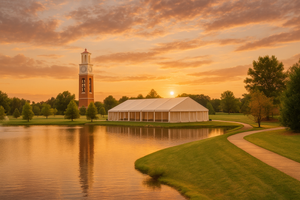 Peaceful sunrise at Coxhall Gardens in Carmel, Indiana, featuring a large white event tent by a reflective pond and the iconic brick bell tower in the background surrounded by manicured lawns and trees.
