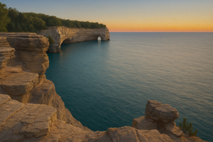 Dramatic sandstone cliffs of Grand Portal Point at Pictured Rocks National Lakeshore, Michigan, overlooking Lake Superior at sunset with calm blue waters.