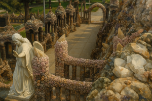 Intricate stone and crystal architecture at the Grotto of the Redemption in West Bend, Iowa, featuring a white angel statue, arched walkway, and ornamental spires crafted from colorful minerals.