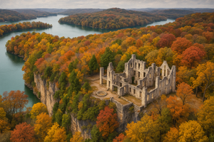 Aerial view of Ha Ha Tonka State Park in Missouri during peak fall foliage, showcasing castle ruins perched atop a bluff overlooking the Lake of the Ozarks.