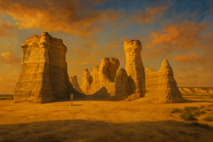Dramatic sandstone formations of Monument Rocks in western Kansas glowing under a vibrant sunset sky, casting long shadows across the desert-like terrain.