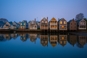 Row of charming coastal cottages on stilts in Nantucket, Massachusetts, reflected in calm harbor waters at dusk with warm interior lights glowing