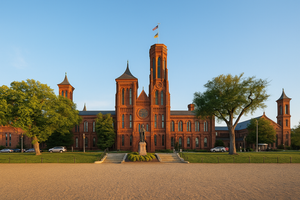 Front view of the Smithsonian Institution Building, known as the Smithsonian Castle, in Washington, D.C., with its red sandstone facade, central clock tower, and surrounding trees under a clear blue sky.
