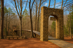 Historic stone entrance and swinging suspension bridge at Tishomingo State Park, Mississippi, surrounded by tall trees and forested landscape.