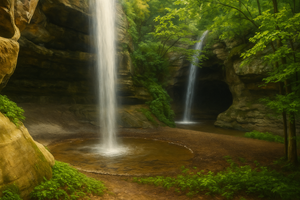 Twin waterfalls cascading into the lush, forested Tonti Canyon at Starved Rock State Park, Illinois, with mist rising from the splash pools surrounded by mossy rock walls and green foliage.