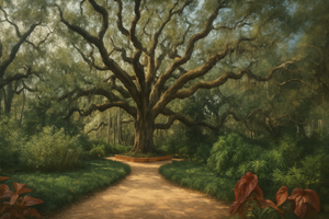 Majestic live oak tree with sprawling branches covered in Spanish moss, standing at the center of a garden path surrounded by lush greenery and shaded woodland.