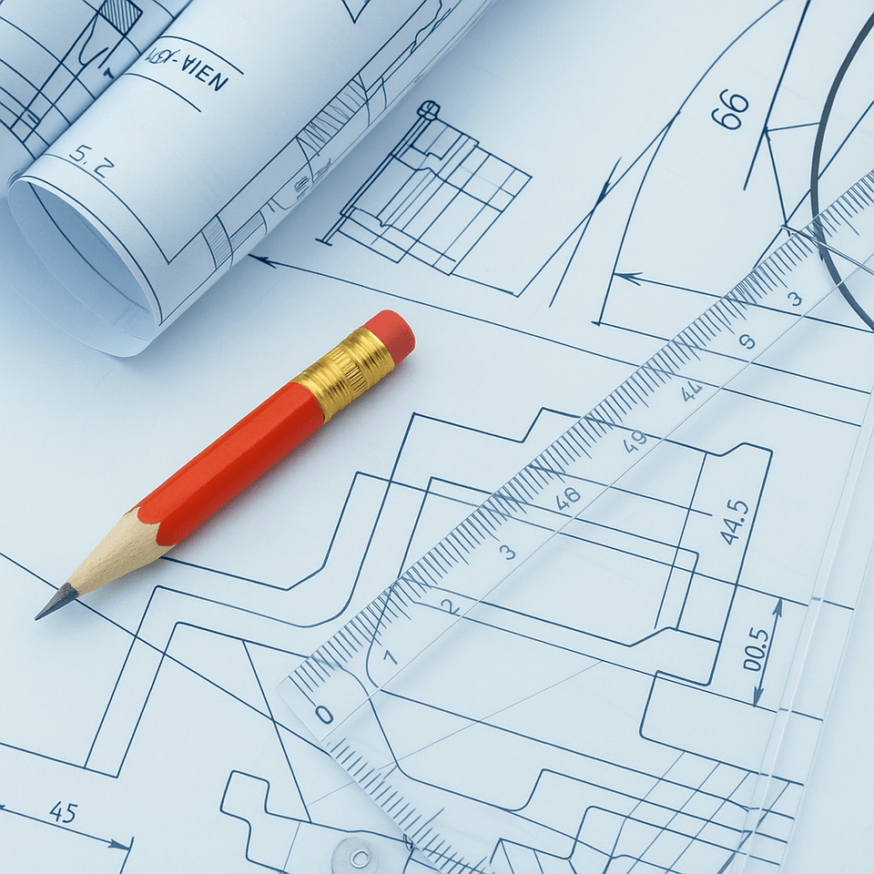Detailed engineering blueprints with a red pencil and clear ruler on a drafting table