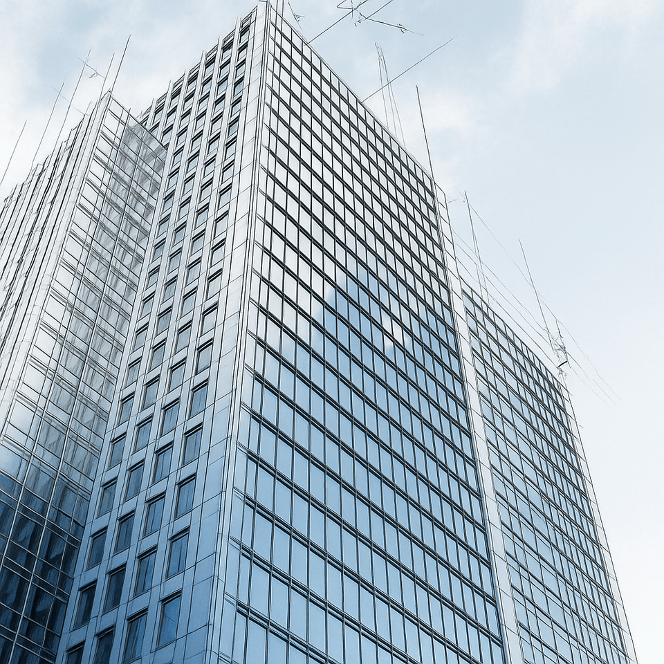 Modern glass high-rise building with architectural lines and sky in the background