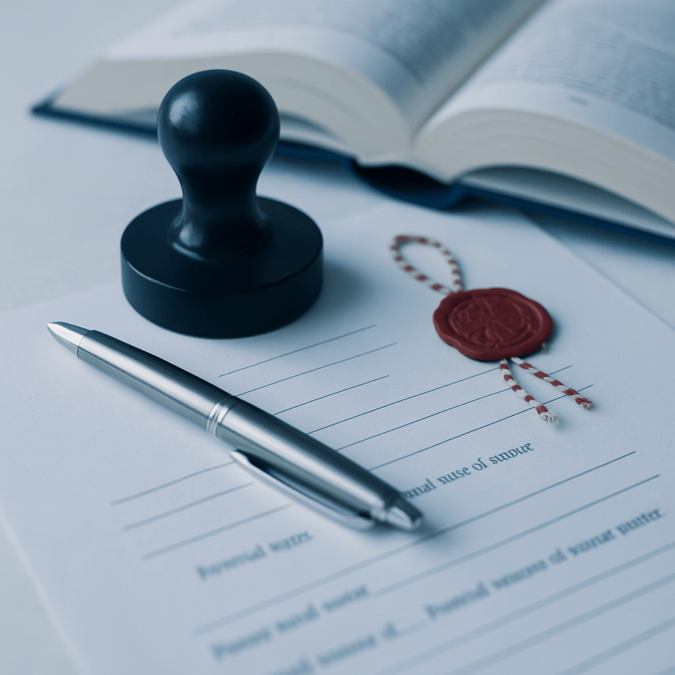 Notary stamp, silver pen, and wax-sealed last will document on a light blue surface
